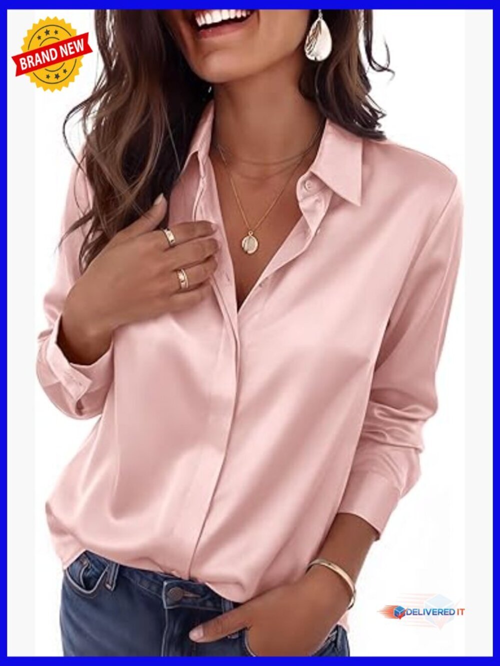Satin Button Down Shirt Long Sleeve Blouse Business Casual Tunic Top
